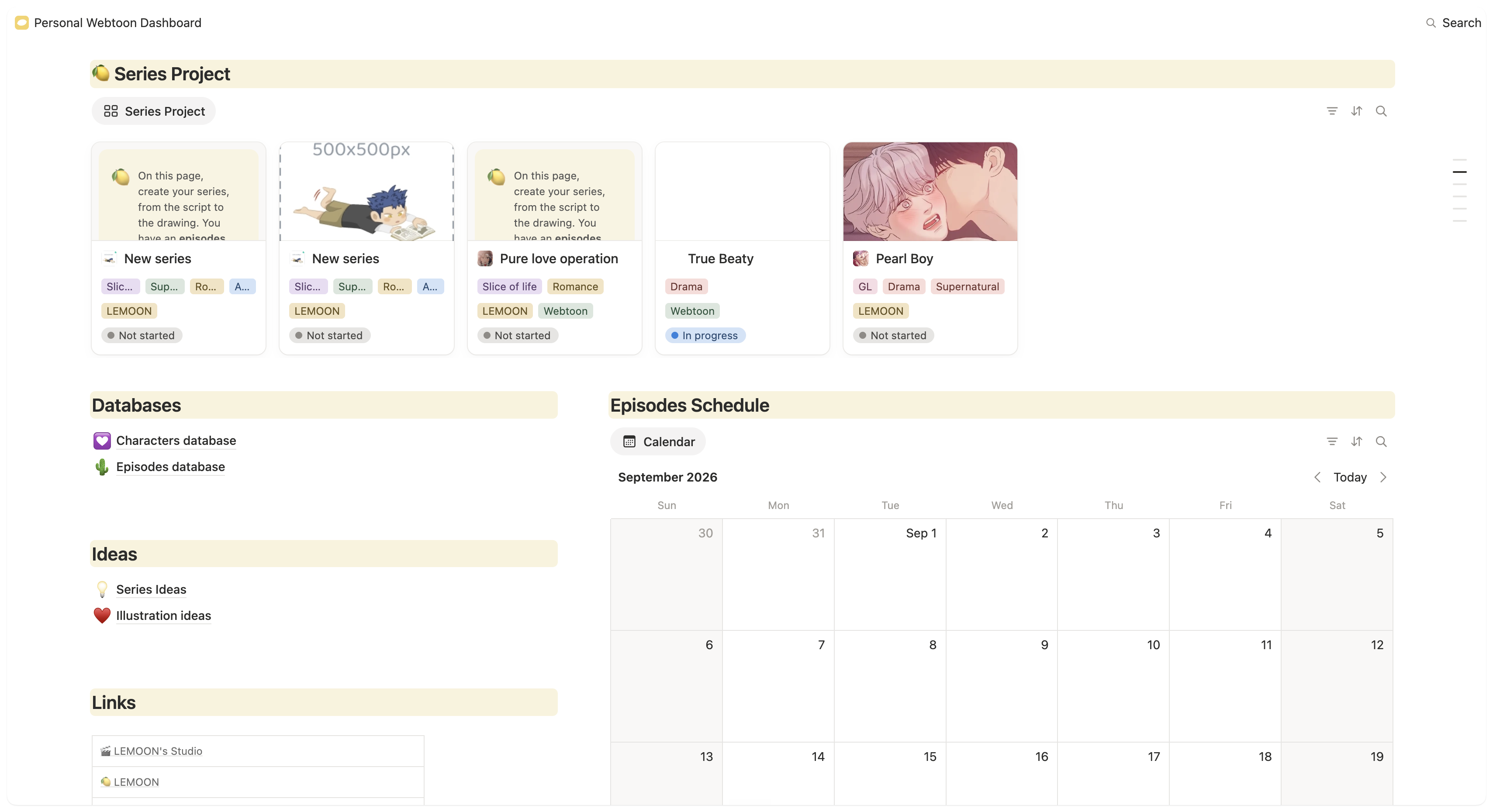Notion - Tableau de bord personnel pour webtoons